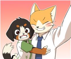  2017 age_difference anthro bernese_mountain_dog blush canid canine canis closed_eyes clothed clothing currency_symbol digital_media_(artwork) dollar_sign domestic_cat domestic_dog duo eye_contact felid feline felis fully_clothed gradient_background hand_on_back happy head_tuft hug kemono looking_at_another looking_at_viewer male mammal manizu manmosu_marimo molosser mountain_dog older_male salary_cat_(marimo) simple_background smile swiss_mountain_dog symbol tuft yen_sign young young_anthro younger_male 