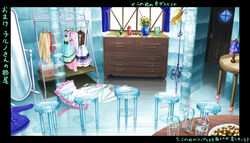  basket birijian black_border border bow brown_bow buttons calligraphy_brush_(medium) chest_of_drawers clothes_hanger commentary_request cookie cup curtains door dress drinking_glass drinking_straw flower food glass hat highres ice ice_cube indoors lamp mirror no_humans photoshop_(medium) pillow plate scenery stool table touhou traditional_media translation_request transparent transparent_seat window 