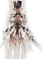  absurdres breasts cleavage commentary_request dark-skinned_female dark_elf dark_skin elbow_gloves elf female gloves grey_eyes hat highres holding holding_sword holding_weapon knight large_breasts looking_at_viewer original pointy_ears ricci smile solo sword thighhighs weapon white_gloves white_hair white_thighhighs 