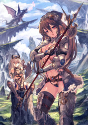  2girls armor armored_boots axe bare_shoulders belt bikini_armor blonde_hair blue_eyes boots breasts breasts_squeezed_together breath_weapon breathing_fire brown_hair cleavage collar commentary_request couter day dragon fantasy fire frills gauntlets gloves gorget halberd helmet high_heels horns large_breasts looking_at_viewer matsumoto_mitsuaki miniskirt multiple_girls navel original outdoors pale_skin pauldrons pleated_skirt polearm red_eyes shoulder_armor sitting skirt sky thighhighs vambraces weapon wings 