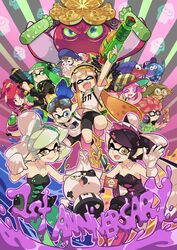  6+boys 6+girls annie_(splatoon) anniversary blue_eyes burst_bomb_(splatoon) callie_(splatoon) cap&#039;n_cuttlefish clownfish collar commentary cousins crusty_sean dj_octavio dress earrings fish flag goggles goggles_on_head gomipomi green_eyes harmony&#039;s_clownfish_(splatoon) harmony_(splatoon) hat headphones hero_shot_(splatoon) highres holding_hands ink_tank_(splatoon) inkling inkling_boy inkling_girl inkling_player_character jellyfish jelonzo_(splatoon) jewelry judd_(splatoon) logo marie_(splatoon) moe_(splatoon) multiple_boys multiple_girls octarian_(enemy) octoball sheldon_(splatoon) shrimp splatoon_(series) splatoon_1 splattershot_(splatoon) spyke_(splatoon) squidbeak_splatoon takozonesu tentacle tentacle_hair tropical_fish yellow_eyes 