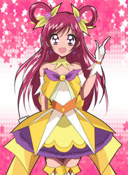  armpits bare_shoulders blush boots choker commentary_request cosplay cure_dream cure_twinkle cure_twinkle_(cosplay) dress earrings eyelashes female gloves go!_princess_precure hair_rings half_updo happy haru_(nature_life) in-franchise_crossover jewelry looking_at_viewer magical_girl open_mouth pink_eyes pink_hair precure ribbon smile solo star_(symbol) star_earrings thigh_boots thighhighs white_footwear white_gloves white_thighhighs wrist_cuffs yellow_dress yes!_precure_5 yumehara_nozomi 