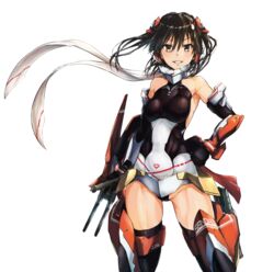  alternate_costume armpits asura_ninja bare_shoulders black_hair black_leotard breasts commentary_request cosplay elbow_gloves female gloves groin hair_between_eyes hair_ornament hand_on_own_hip highres kantai_collection leotard long_hair looking_at_viewer mecha_musume medium_breasts megami_device muscular parted_lips scarf sendai_(kancolle) simple_background smile solo standing teeth thighhighs thighs torpedo torpedo_tubes tsukira_(amayadori) turret white_background yellow_eyes 