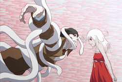  1boy arms_behind_back bare_shoulders black_eyes black_hair bondage bondage bound bound_arms coat commentary_request dress eye_contact female gangan0605 kaiki_deishuu koimonogatari kuchinawa long_hair looking_at_another monogatari_(series) sengoku_nadeko short_hair sleeveless snake snake_hair trench_coat white_hair 