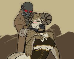  5:4 absurd_res anthro anthrofied armor blush breasts claws clothed clothing deathclaw digital_media_(artwork) dominant dominant_human dominant_male duo fallout female femclaw fully_clothed happy hi_res horn human human_on_anthro interspecies larger_female male mammal microsoft ncr_ranger_(fallout) nipples non-mammal_breasts non-mammal_nipples reccand scalie science_fiction size_difference skimpy small_dom_big_sub smaller_male smile submissive submissive_female the_courier_(fallout) under_boob 