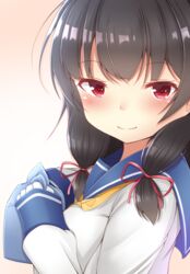  bad_id bad_pixiv_id black_hair blue_sailor_collar doyachii female gloves hair_ribbon highres isokaze_(kancolle) kantai_collection long_hair long_sleeves neckerchief red_eyes red_ribbon ribbon sailor_collar school_uniform serafuku smile solo tress_ribbon white_gloves yellow_neckerchief 