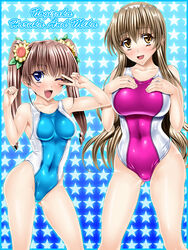  2girls bad_id bad_pixiv_id blue_eyes brown_eyes brown_hair competition_swimsuit flower hair_ornament hairband highres long_hair multiple_girls nogizaka_haruka nogizaka_haruka_no_himitsu nogizaka_mika oerba_yun_fang one-piece_swimsuit sen_(sansui) siblings sisters sunflower swimsuit twintails 