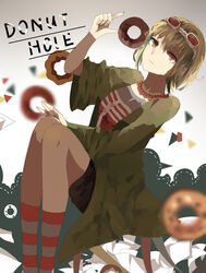  absurdres bad_id bad_pixiv_id brown_eyes chocolate_(jitong) closed_mouth donut_hole_(vocaloid) doughnut female food goggles goggles_on_head green_hair green_jacket gumi hand_on_own_knee highres jacket jewelry necklace paper shirt shorts socks solo song_name striped_clothes striped_socks vocaloid 