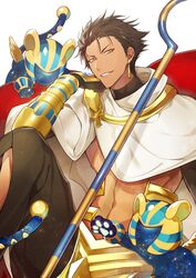  1boy abs bracer brown_hair commentary_request dark-skinned_male dark_skin earrings egyptian egyptian_clothes fate/grand_order fate/prototype fate/prototype:_fragments_of_blue_and_silver fate_(series) grin hand_on_own_cheek hand_on_own_face highres jewelry looking_at_viewer male_focus navel nitaka_(fujikichi) ozymandias_(fate) parted_lips smile solo sphinx_awlad yellow_eyes 