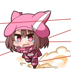  animal_ears animal_hat black_footwear blush boots brown_hair bullet_line bullpup chibi commentary_request dust_cloud female gloves gun hair_between_eyes hana_kazari hat holding holding_gun holding_weapon jacket llenn_(sao) long_sleeves open_mouth p-chan_(p90) p90 pants pink_gloves pink_hat pink_jacket pink_pants purple_eyes rabbit_ears rabbit_hat running solo submachine_gun sword_art_online sword_art_online_alternative:_gun_gale_online tears wavy_mouth weapon white_background 