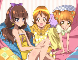  3girls amanogawa_kirara bare_shoulders blush brown_eyes brown_hair color_connection commentary_request crossover dokidoki!_precure double_bun dress earrings eyelashes go!_princess_precure hair_bun hair_ornament hair_ribbon happinesscharge_precure! happy haru_(nature_life) jewelry long_hair looking_at_viewer multiple_girls oomori_yuuko open_mouth orange_eyes orange_hair precure purple_eyes purple_ribbon ribbon shirt short_hair single_hair_bun sitting sleepwear smile star_(symbol) star_earrings twintails underwear yellow_dress yellow_shirt yellow_theme yotsuba_alice 