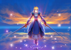  ahoge armor armored_dress artoria_pendragon_(fate) bad_id bad_pixiv_id blonde_hair caliburn_(fate) dress dual_wielding excalibur_(fate/stay_night) fate/stay_night fate_(series) fateline_alpha faulds female floating green_eyes holding photoshop_(medium) saber_(fate) solo weapon 