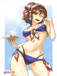  abo_(hechouchou) alternate_hairstyle ashigara_(kancolle) bikini blue_bikini breasts brown_eyes brown_hair commentary_request contrapposto cowboy_shot curry curry_rice female food hairband kantai_collection katsu_curry large_breasts long_hair looking_at_viewer md5_mismatch navel one_eye_closed photoshop_(medium) ponytail rice solo standing sweat swimsuit twitter_username 