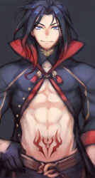  1boy abs bad_id bad_pixiv_id bare_pectorals belt black_coat black_gloves black_hair blue_eyes closed_mouth coat folks_(nabokof) gloves gradient_hair looking_at_viewer male_focus manly multicolored_hair pectorals popped_collar red_hair smile solo stomach_tattoo tales_of_(series) tales_of_crestoria tattoo upper_body vicious_(tales) 