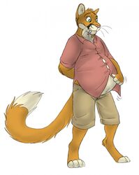  anthro avoid_posting belly big_belly bottomwear clothing cougar dekopuma extinct felid feline hi_res male mammal mehndix pregnant pregnant_male prehistoric_species saber-toothed_tiger shirt shorts simple_background solo topwear white_background 