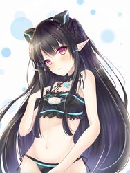  anette_(pso2) bad_id bad_pixiv_id black_bra black_hair black_panties bra breasts choker cleavage cleavage_cutout clothing_cutout female floating_hair frilled_bra frills hair_ornament head_tilt highres jewelry kiri_celea long_hair navel necklace panties parted_lips phantasy_star phantasy_star_online_2 pointy_ears red_eyes side-tie_panties small_breasts solo standing star_(symbol) star_necklace underwear underwear_only very_long_hair 