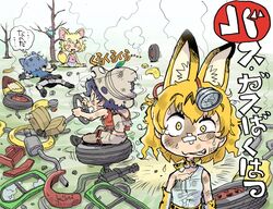  4girls animal_ears backpack bag bandaid bandaid_on_face bare_shoulders black_gloves black_hair blonde_hair bow bowtie broken burnt burnt_clothes burnt_hair chibi clenched_teeth commentary_request common_raccoon_(kemono_friends) day dirty dirty_clothes dirty_face elbow_gloves extra_ears fennec_(kemono_friends) fox_ears fox_tail gloves grey_hair half-closed_eyes hat_feather helmet holding japari_bus kaban_(kemono_friends) kemono_friends kiichi lucky_beast_(kemono_friends) lying medium_hair messy_hair motion_lines multiple_girls o_o on_stomach open_mouth outdoors pantyhose pantyhose_under_shorts pink_sweater pith_helmet print_bow print_bowtie print_gloves raccoon_ears raccoon_tail red_shirt serval_(kemono_friends) serval_print shirt shorts signature sitting skirt sleeveless sleeveless_shirt smoke spinning steering_wheel striped_tail sweat sweater tail tearing_up teeth tongue_twister torn_clothes translated two-tone_bowtie white_bow white_bowtie yellow_bow yellow_bowtie yellow_eyes 