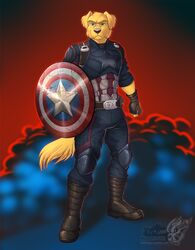  2018 5_fingers anthro bird_dog black_nose boots canid canine canis captain_america chase_(retriever) clothing digital_media_(artwork) domestic_dog fingerless_gloves fingers footwear fur gloves golden_retriever green_eyes handwear hi_res hunting_dog male mammal marvel retriever shield simple_background solo standing tail text url vallhound watermark yellow_body yellow_fur 