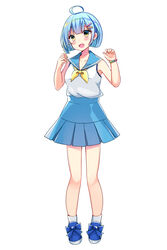  :d absurdres ahoge bad_id bad_pixiv_id blue_bow blue_footwear blue_hair blue_sailor_collar blue_skirt blush bow bracelet breasts collarbone commentary_request female full_body green_eyes hair_ornament hairclip highres jewelry looking_at_viewer medium_breasts minami_saki neckerchief oerba_yun_fang open_mouth pixiv&#039;s_virtual_youtuber_audition pleated_skirt sailor_collar school_uniform serafuku shirt shoes short_hair simple_background skirt sleeveless sleeveless_shirt smile socks solo standing virtual_youtuber white_background white_shirt white_socks yellow_neckerchief yuuki_uki 