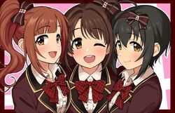  3girls ;d ahoge bad_id bad_twitter_id black_hair blazer blush border bow bowtie brown_eyes brown_hair collared_shirt dot_nose hair_between_eyes hair_intakes hairbow idolmaster idolmaster_cinderella_girls idolmaster_cinderella_girls_starlight_stage igarashi_kyoko jacket kohinata_miho long_hair looking_at_viewer looking_to_the_side love_letter_(idolmaster) multiple_girls omaru_gyuunyuu one_eye_closed one_side_up open_mouth pink_background pink_check_school_(idolmaster) plaid plaid_bow school_uniform shimamura_uzuki shirt short_hair side_ponytail smile teeth upper_body upper_teeth_only wing_collar 