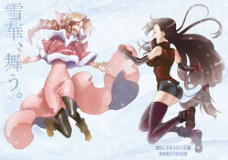  2girls aerith_gainsborough alternate_costume bad_id bad_pixiv_id bow bracelet brown_hair closed_eyes commentary_request dress final_fantasy final_fantasy_vii hair_ribbon jewelry long_dress long_hair multiple_girls pink_bow pink_dress ponytail ribbon shirt shoes taut_clothes taut_shirt tifa_lockhart torimeiro very_long_hair 