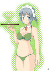  bikini cocktail_glass commentary cup drinking_glass dungeon_ni_deai_wo_motomeru_no_wa_machigatteiru_darou_ka female green_bikini grey_eyes grey_hair highres jian02051993 looking_at_viewer maid_headdress midriff navel photoshop_(medium) short_hair smile solo swimsuit syr_flover 