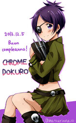  belt blush character_name chrome_dokuro commentary_request crop_top dated eyepatch female italian_text katekyo_hitman_reborn! looking_at_viewer matsurinnu midriff miniskirt navel parted_bangs purple_eyes purple_hair short_hair sitting skirt skull_print smile solo 