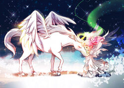  animal_hug back_bow bishoujo_senshi_sailor_moon bishoujo_senshi_sailor_moon_supers bow chibi_usa closed_eyes commentary cone_hair_bun constellation double_bun dress female glowing hair_bun helios_(sailor_moon) ophiuchus_(constellation) pegasus pegasus_(sailor_moon) photoshop_(medium) pink_hair ribbon serpens_(constellation) short_hair signature small_lady_serenity smile twintails white_dress wings yonyon_(wedding83) 