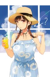  blue_dress braid breasts brown_eyes brown_hair choker cloud commentary cup dress drinking_glass english_text female floral_print hat holding holding_cup large_breasts long_hair looking_at_viewer official_art parted_lips print_dress ribbon_choker sasamori_tomoe solo succubus_stayed_life summer sun_hat sundress sunflower_print twin_braids window yomisawa_tsukino 