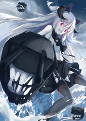  animal_ears bare_shoulders black_bow black_ribbon black_skirt bow cannon cloud commentary_request dark_persona enemy_vessel_(warship_girls_r) fake_animal_ears fangs female floating_hair foam from_below froth garter_straps grey_hair grey_thighhighs hair_ornament holding holding_weapon jacknavy leg_up long_hair looking_at_viewer monster navel oerba_yun_fang on_water open_mouth red_eyes ribbon sailor_collar shimakaze_(warship_girls_r) skirt sky solo thighhighs vest warship_girls_r water waves weapon 