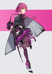  absurdres black_cape black_hairband black_skirt black_vest blunt_bangs bolt_action brown_gloves brown_pantyhose cape carcano carcano_m91/38_(girls&#039;_frontline) commentary_request female flower frilled_sleeves frills girls&#039;_frontline gloves green_eyes gun hairband highres holding holding_weapon layered_skirt long_sleeves looking_back miniskirt pantyhose photoshop_(medium) purple_flower purple_hair purple_rose rifle rose skirt solo standing standing_on_one_leg thigh_strap vest weapon wide_sleeves yoni_(zhang) 