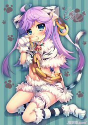  animal_ears animal_hands banana black_panties blue_eyes blush cat_ears cat_tail chains cosplay crop_top dengeki_hime earrings eating female food fruit fur_trim gloves houjou_akatsuki_ujinori jewelry kneehighs koihime_musou kuwada_yuuki long_hair midriff moukaku moukaku_(cosplay) official_art open_mouth panties panty_peek paw_gloves paw_print paw_print_background paw_shoes purple_hair sengoku_koihime_x shoes sitting socks solo striped_background striped_clothes striped_socks tail thigh_strap tiger_ears tiger_tail underwear vertical_stripes watermark 