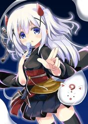  bad_id bad_twitter_id black_kimono black_legwear blue_eyes blue_hair blush chains chestnut_mouth cosplay female ghost_ogre_&amp;_snow_rabbit ghost_ogre_&amp;_snow_rabbit_(cosplay) gochuumon_wa_usagi_desu_ka? hair_ornament hairclip himarisu_(hida_mari) hitodama horns japanese_clothes kafuu_chino kimono long_hair obi ofuda open_mouth outstretched_hand sash sheath sheathed sickle sword thighhighs tippy_(gochiusa) weapon yu-gi-oh! yukata zettai_ryouiki 