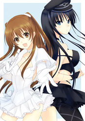  2girls :d asymmetrical_legwear black_hair blue_eyes breasts brown_eyes brown_hair choker commentary_request dress elbow_gloves gatakenjin gloves hat long_hair medium_breasts microphone multiple_girls ogiso_setsuna open_mouth pantyhose photoshop_(medium) smile thighhighs touma_kazusa uneven_legwear white_album_(series) white_album_2 white_dress white_gloves 