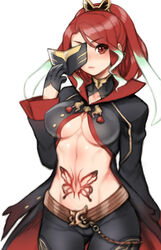  bad_id bad_pixiv_id belt black_coat black_gloves black_pants breasts butterfly_tattoo closed_mouth coat colored_tips cosplay cowboy_shot earrings expressionless female folks_(nabokof) gloves hair_ornament holding holding_mask in-franchise_crossover jewelry mask multicolored_hair navel pants red_eyes red_hair seres_(tales) short_hair simple_background solo stomach_tattoo tales_of_(series) tales_of_berseria tales_of_crestoria tattoo two-tone_hair underboob unworn_mask vicious_(tales) vicious_(tales)_(cosplay) white_background white_hair 