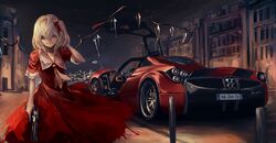  arm_behind_head bow building car city city_lights closed_mouth commentary_request crystal dress female flandre_scarlet gullwing_doors gun hair_between_eyes hairbow hand_up handgun highres holding holding_weapon koh_(minagi_kou) light_smile looking_at_viewer motor_vehicle neckerchief night outdoors pagani pagani_huayra red_bow red_dress red_eyes revolver road scenery short_sleeves side_ponytail smile solo sports_car street touhou trigger_discipline vehicle_focus weapon white_hair wings 