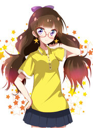  amanogawa_kirara bad_id bad_pixiv_id blue_skirt blunt_bangs blush bow breasts brown_hair buttons closed_mouth collared_shirt cowboy_shot earrings eyelashes female glasses go!_princess_precure hair_ornament hairbow hand_on_own_hip hand_up happy haru_(nature_life) jewelry long_hair looking_at_viewer open_collar pleated_skirt polo_shirt precure purple_bow purple_eyes red-framed_eyewear red_hair shirt short_sleeves skirt small_breasts smile solo standing star_(symbol) star_earrings starry_background twintails very_long_hair white_background white_trim yellow_shirt 