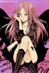  aqua_eyes bare_legs bianchi boots breasts character_name cleavage commentary_request crossed_legs dated female head_rest jacket katekyo_hitman_reborn! long_hair matsurinnu medium_breasts pink_hair sitting smile solo tattoo 