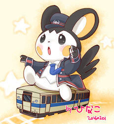  2016 4_fingers ambiguous_gender big_ears clothed clothing emolga fingers fur generation_5_pokemon hat headgear headwear hinako mammal necktie nintendo pokemon pokemon_(species) rodent sciurid sitting solo star train vehicle 