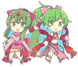  2girls anklet barefoot blush bow bracelet breasts cape circlet cleavage commentary_request dancer dress earrings fire_emblem fire_emblem:_genealogy_of_the_holy_war fire_emblem:_mystery_of_the_emblem fire_emblem_heroes green_eyes green_hair hair_ornament hairbow jewelry lene_(fire_emblem) long_hair lowres multiple_girls pink_dress pink_legwear pointy_ears ponytail roirence skirt smile tiara tiki_(fire_emblem) tiki_(young)_(fire_emblem) white_background 