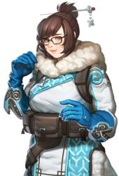  bad_id bad_twitter_id beads belt black-framed_eyewear blue_gloves brown_eyes brown_hair coat female fur glasses gloves gun hair_bun hair_ornament hair_stick highres lipstick long_sleeves makeup manjji mei_(overwatch) overwatch overwatch_1 parted_lips pocket short_hair single_hair_bun smile solo weapon 