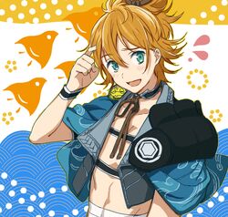  1boy animal animal_on_shoulder commentary_request green_eyes japanese_clothes kamekichi male_focus nomuo_(shiromi) open_mouth orange_hair patterned_background seigaiha smile touken_ranbu turtle urashima_kotetsu 