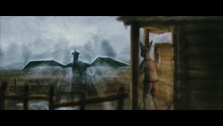  16:9 2018 5_fingers awouay biped black_eyes blue_body blue_scales blue_skin blurred_foreground bottomwear clothed clothing curved_horn day digital_media_(artwork) dragon duo european_mythology falcrus fence feral fingers front_view green_body green_skin grey_bottomwear grey_clothing grey_topwear hi_res horn humanoid hut letterbox looking_at_another membrane_(anatomy) membranous_wings mythological_creature mythological_scalie mythology outside pants quadruped scales scalie shirt smile smooth_horn solo_focus spread_wings standing sunrays tail topwear watermark western_dragon white_horn widescreen wings 