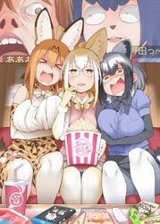  &gt;_&lt; 3girls alternate_breast_size alternate_hair_length alternate_hairstyle animal_ear_fluff animal_ears bare_shoulders bespectacled black_gloves black_hair black_skirt blonde_hair blu-ray bow bowtie breasts bucket commentary common_raccoon_(kemono_friends) controller crying crying_with_eyes_open drinking_straw elbow_gloves fennec_(kemono_friends) food fox_ears fur_collar girl_sandwich glasses gloves grey_hair hayashi_(l8poushou) highres holding_another&#039;s_arm in_the_court_of_the_crimson_king indoors kemono_friends king_crimson large_breasts multicolored_hair multiple_girls open_mouth orange_bow orange_bowtie pantyhose pleated_skirt popcorn print_bow print_bowtie print_gloves print_skirt print_thighhighs raccoon_ears raccoon_tail remote_control rimless_eyewear sandwiched scared serval_(kemono_friends) serval_print short_hair sitting skirt table tail tears thighhighs two-tone_bowtie white_bow white_bowtie yellow_bow yellow_bowtie 