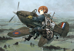  aircraft airplane ammunition ammunition_belt asterisk_kome blue_eyes blurry brown_hair cloud commentary_request day depth_of_field female field flying full_body gloves hawker_hurricane highres horizon looking_at_viewer looking_back mecha_musume military military_uniform original overalls parachute photoshop_(medium) road scarf short_hair signature sky smile solo tree uniform world_war_ii 