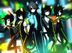  1boy 4girls :o ahoge animal_ears bad_id bad_pixiv_id black_hair blunt_bangs boots cat_ears cat_tail colored_skin ding gerat gloves glowing green_eyes grey_hair hair_between_eyes hand_on_own_hip high_heel_boots high_heels highres leg_lift long_hair looking_at_viewer low-tied_long_hair multicolored_hair multiple_girls muraji0419 necktie nein_(album) orange_eyes outstretched_arm outstretched_hand r.e.v.o rohre scarf schau short_hair smile sound_horizon sunglasses tail two-tone_hair white_skin yellow_eyes 