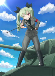  anchovy_(girls_und_panzer) anzio_military_uniform carro_armato_p40 cloud commentary day drill_hair female girls_und_panzer green_hair highres kayama_kouji long_hair military military_vehicle motor_vehicle necktie one_eye_closed outdoors pants red_eyes shirt sky smile solo standing sun tank twin_drills v 