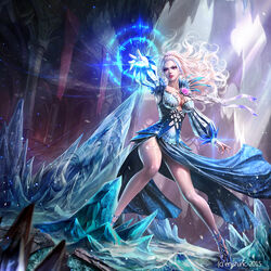  bahamut_crisis banner blonde_hair blue_dress blue_footwear blurry bracelet breasts cleavage column commentary_request company_name depth_of_field dragon dress eudia_(serenity2200) female flower frozen full_body glint ice icicle jewelry legs_apart light_particles light_rays lipstick long_hair long_sleeves looking_at_viewer magic magic_circle makeup medium_breasts official_art outstretched_arm parted_lips photoshop_(medium) pillar puffy_long_sleeves puffy_sleeves purple_eyes ring shiny_skin shoes stalactite stalagmite standing tattoo thighlet tiara velsa wind 