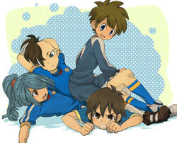  4boys bad_id bad_pixiv_id blue_hair brown_eyes brown_hair clenched_teeth commentary_request fudou_akio goalkeeper hair_over_one_eye handa_shin&#039;ichi inazuma_eleven inazuma_eleven_(series) inazuma_japan kazemaru_ichirouta long_hair male_focus multiple_boys open_mouth petagon ponytail raimon raimon_soccer_uniform sitting soccer_uniform sportswear tachimukai_yuuki teeth 