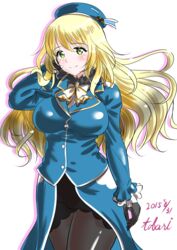  artist_name atago_(kancolle) beret black_gloves blonde_hair blue_hat breasts commentary_request dated female gloves green_eyes hat kantai_collection kasugano_tobari large_breasts long_hair long_sleeves military military_uniform pantyhose skirt smile solo uniform 